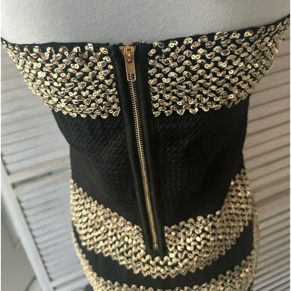 NEW•VENUS•XL• SHIMMER ON GORGEOUS BLACK & GOLD GLAM STRAPLESS BODY CON - Picture 12 of 16